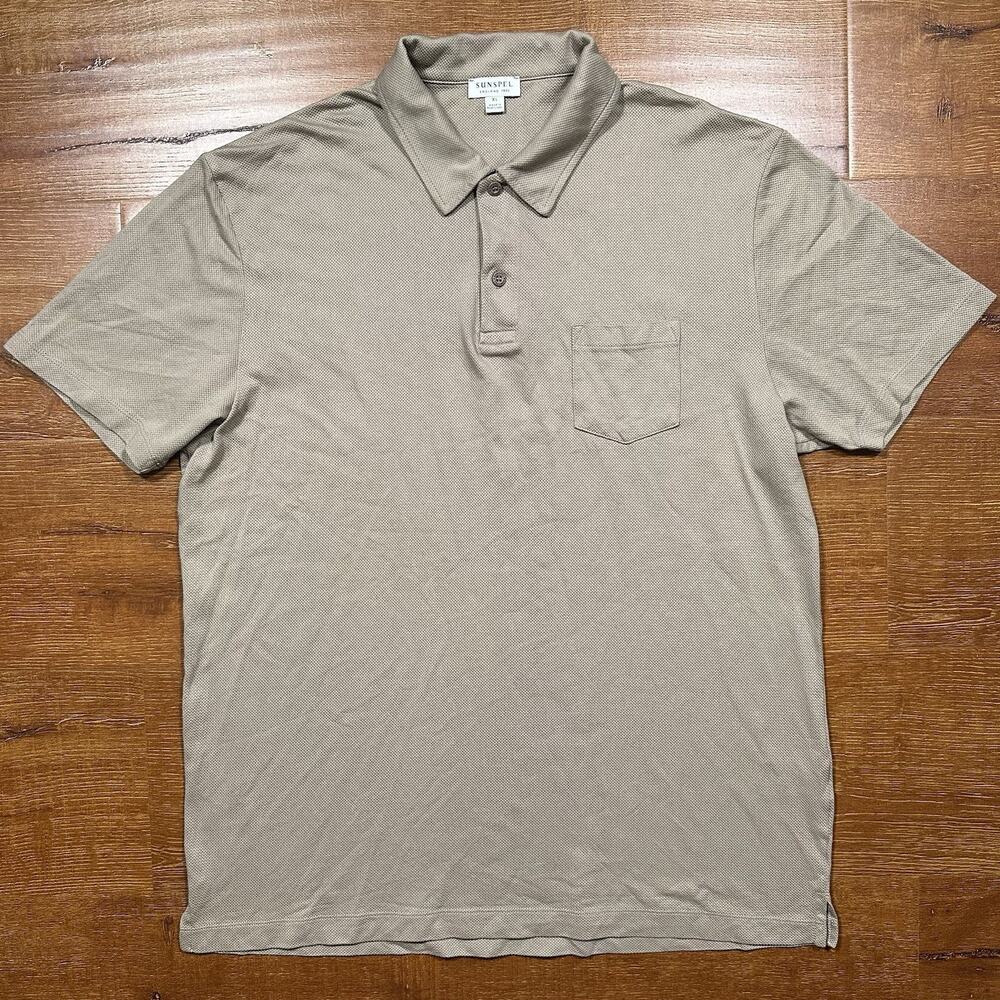 Sunspel Riviera Polo Shirt Mens L Tan Short Sleeve Pocket Cotton Luxury Portugal